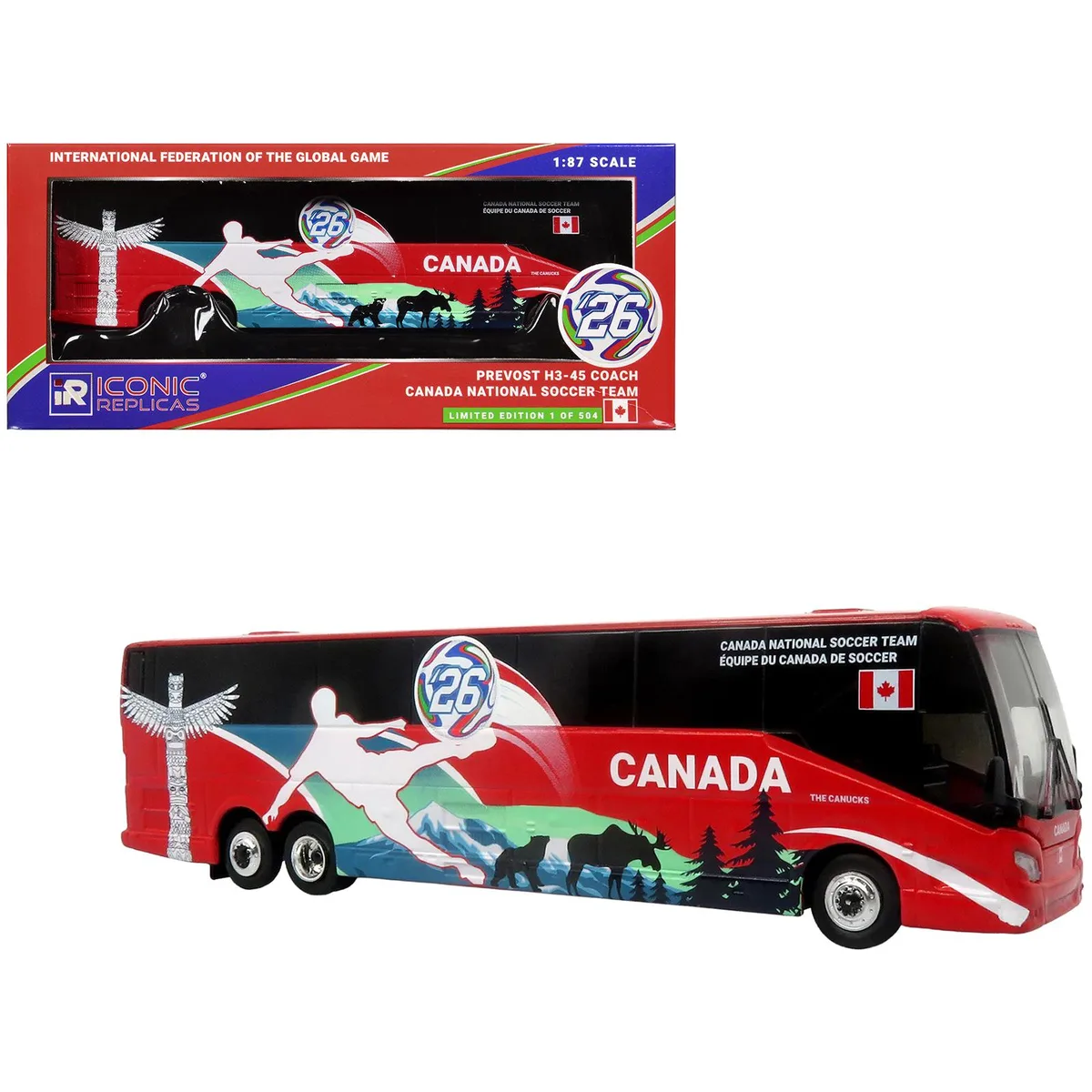 Iconic Replicas Iconic Replicas Prevost H3-45 Coach Bus "Canada National Soccer Team" Red 1/87 HO Limited Edition 504 pieces — product photo