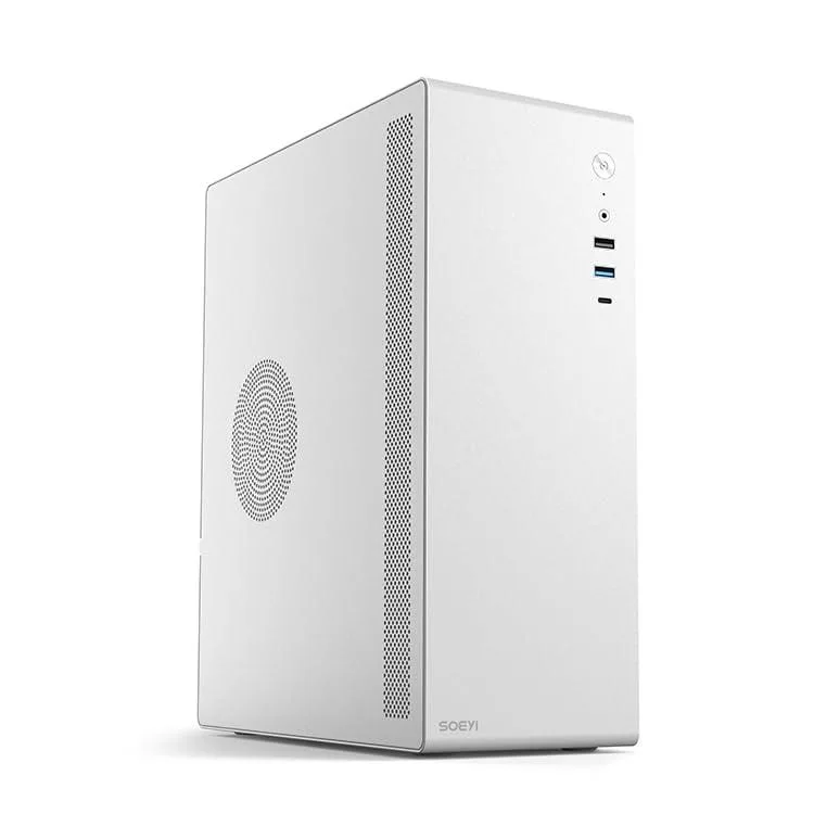 White mini tower PC case with mesh front panel and plastic side panel