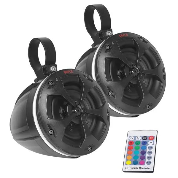 Pair of black 4-inch marine speakers with RGB lighting and included mounting hardware