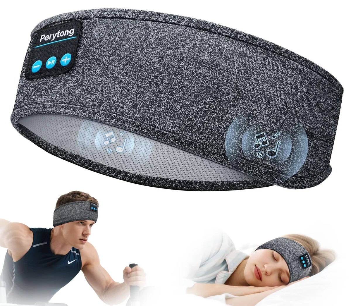 White fabric headband with integrated wireless speakers, soft stretch fit, control module centred