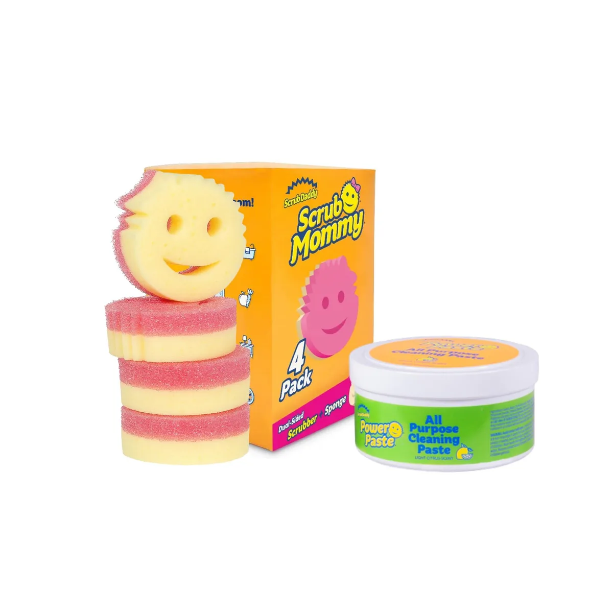 A boxed set with four yellow smiley-face sponges and one white tub of cleaning paste