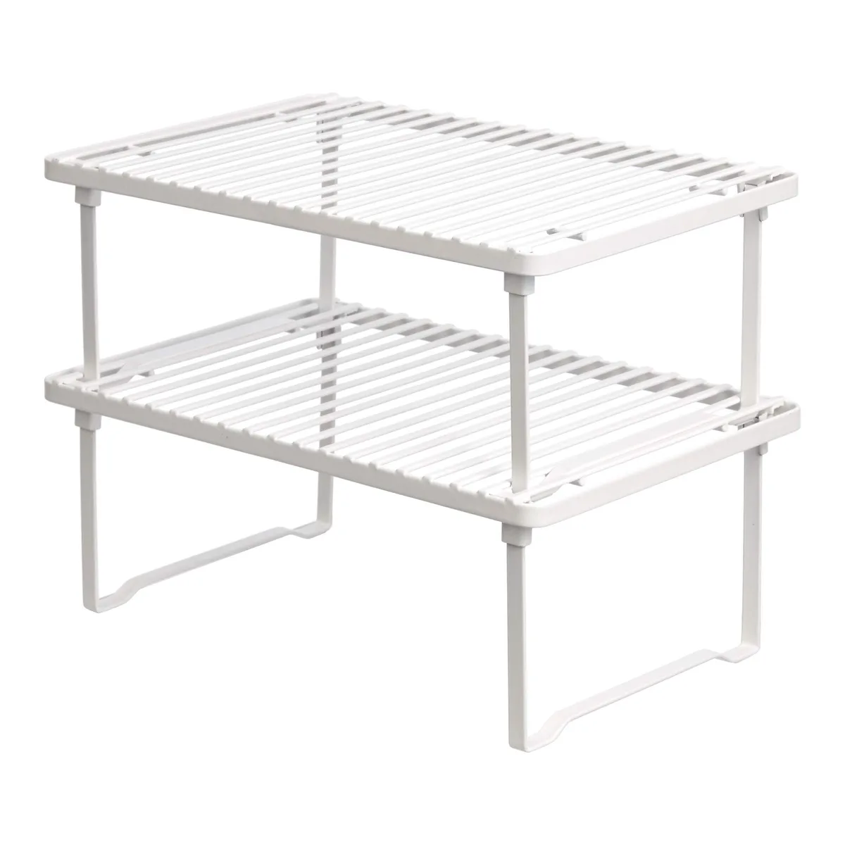Two red coated wire shelves, stackable, 12.5 by 8 by 4.5 inches
