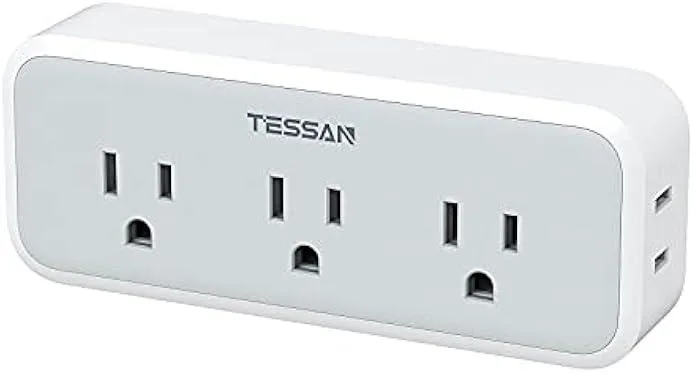 White rectangular wall-mount surge protector with five widely spaced AC outlets
