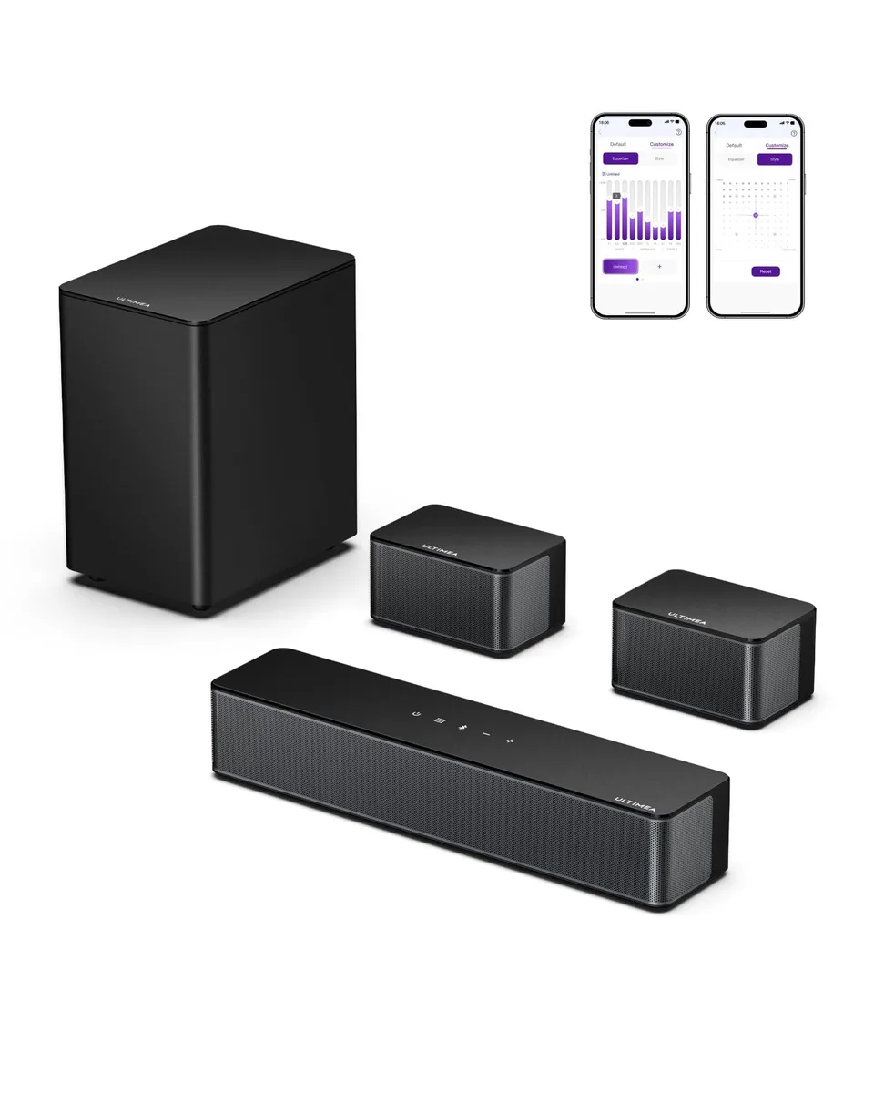 Black 5.1 soundbar system with wireless subwoofer and two rear speakers