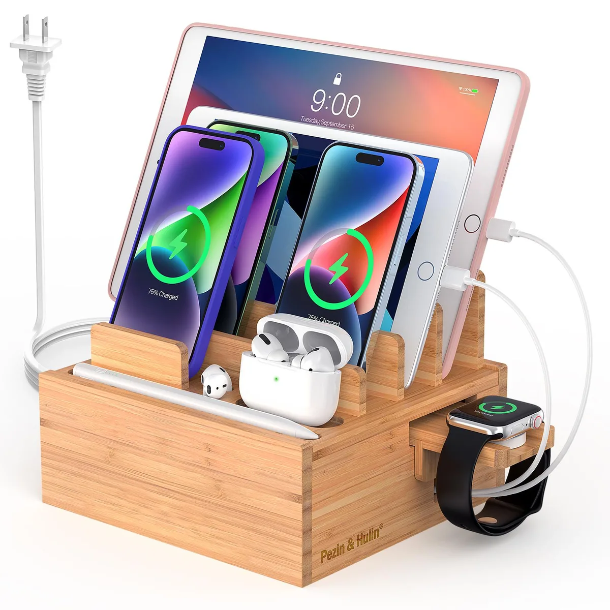Beebo Beabo Beebo Beabo Bamboo Charging Station V4 Desktop Docking Stand with 5-Port USB Charger and 6 Cables — product photo