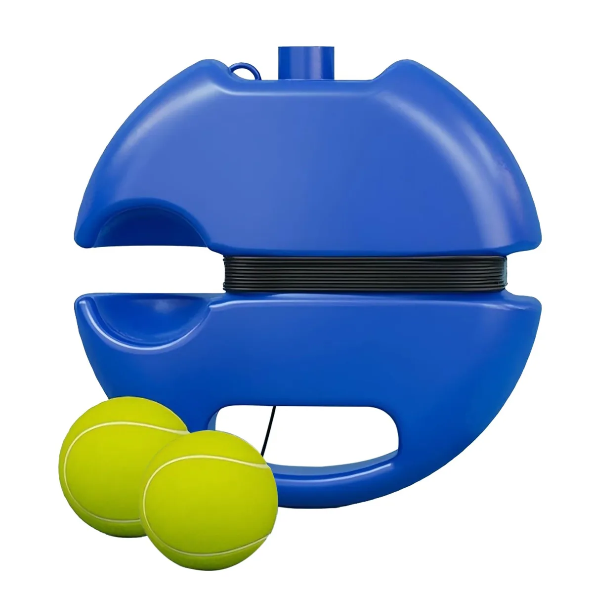Yellow tennis rebound ball with elastic cord and carrying base