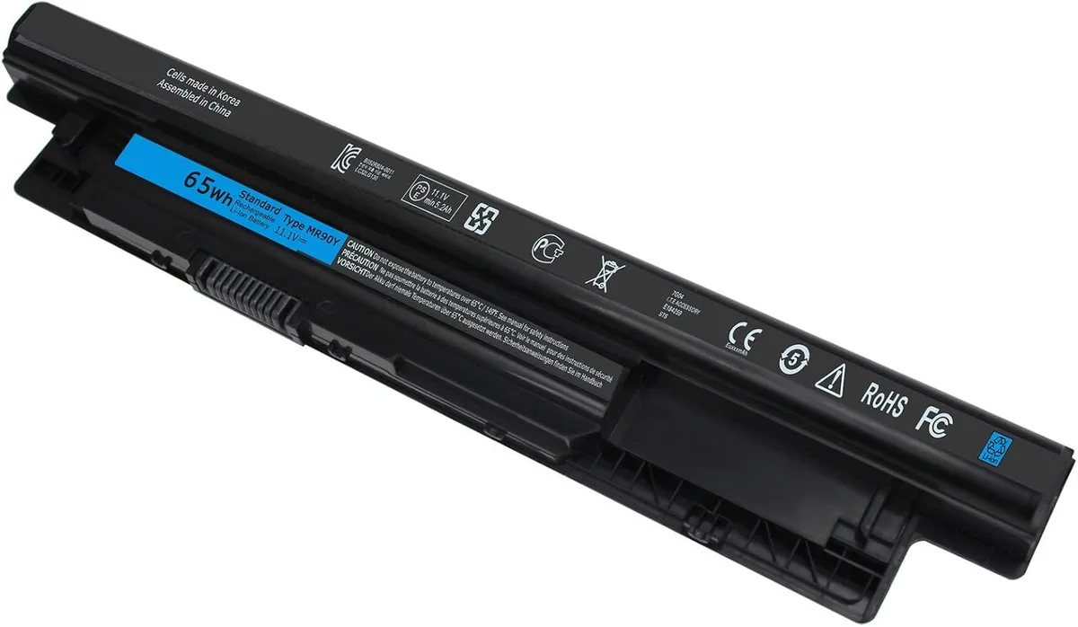 Black rectangular laptop battery with label showing 65Wh 11.1V 6-cell