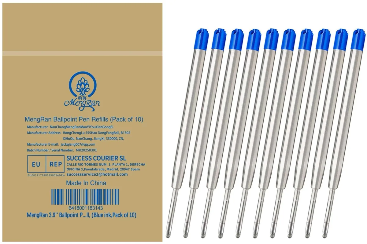 Ten blue ballpoint refills in a pink pack, each 3.9 inches long