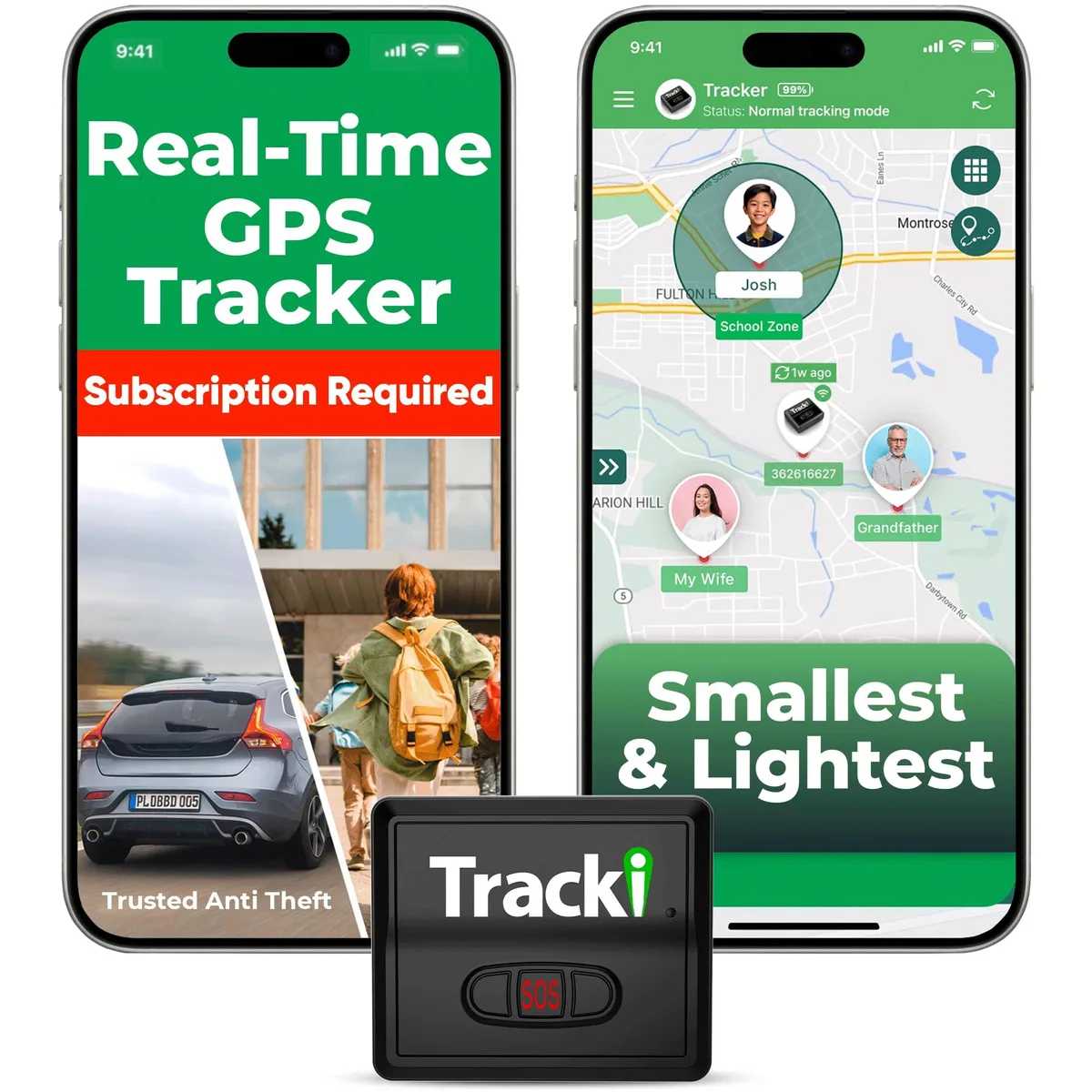  Trackimo TRKM010A 4G LTE GPS Tracker 1.8×1.6×0.7 in 1.26 oz 5-day battery — product photo