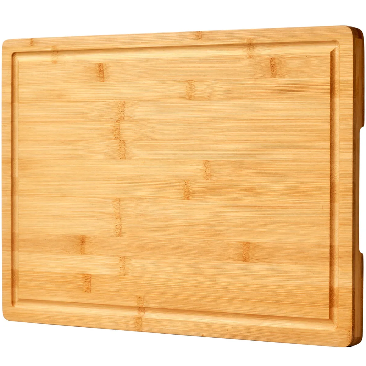 Rectangular bamboo cutting board, 18 by 12 inches, natural finish with juice groove and side handles