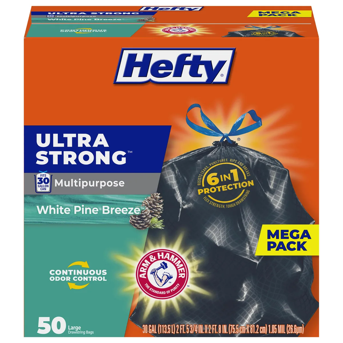  Hefty Ultra Strong 30 Gal Trash Bags Black White Pine Breeze 50ct — product photo