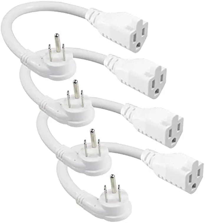 Four white short cords with flat angled plugs