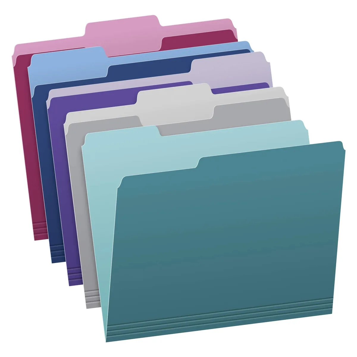 Box of 100 letter-size two-tone file folders in teal, violet, gray, navy, burgundy