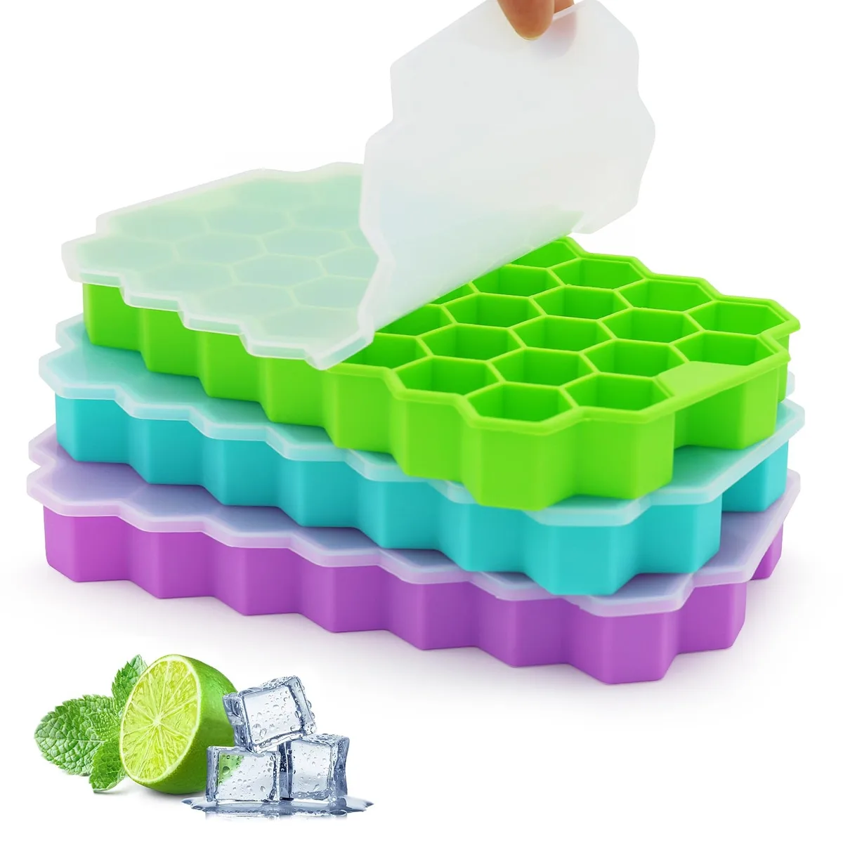Three black silicone ice cube trays with honeycomb lids, each holding 37 small cubes