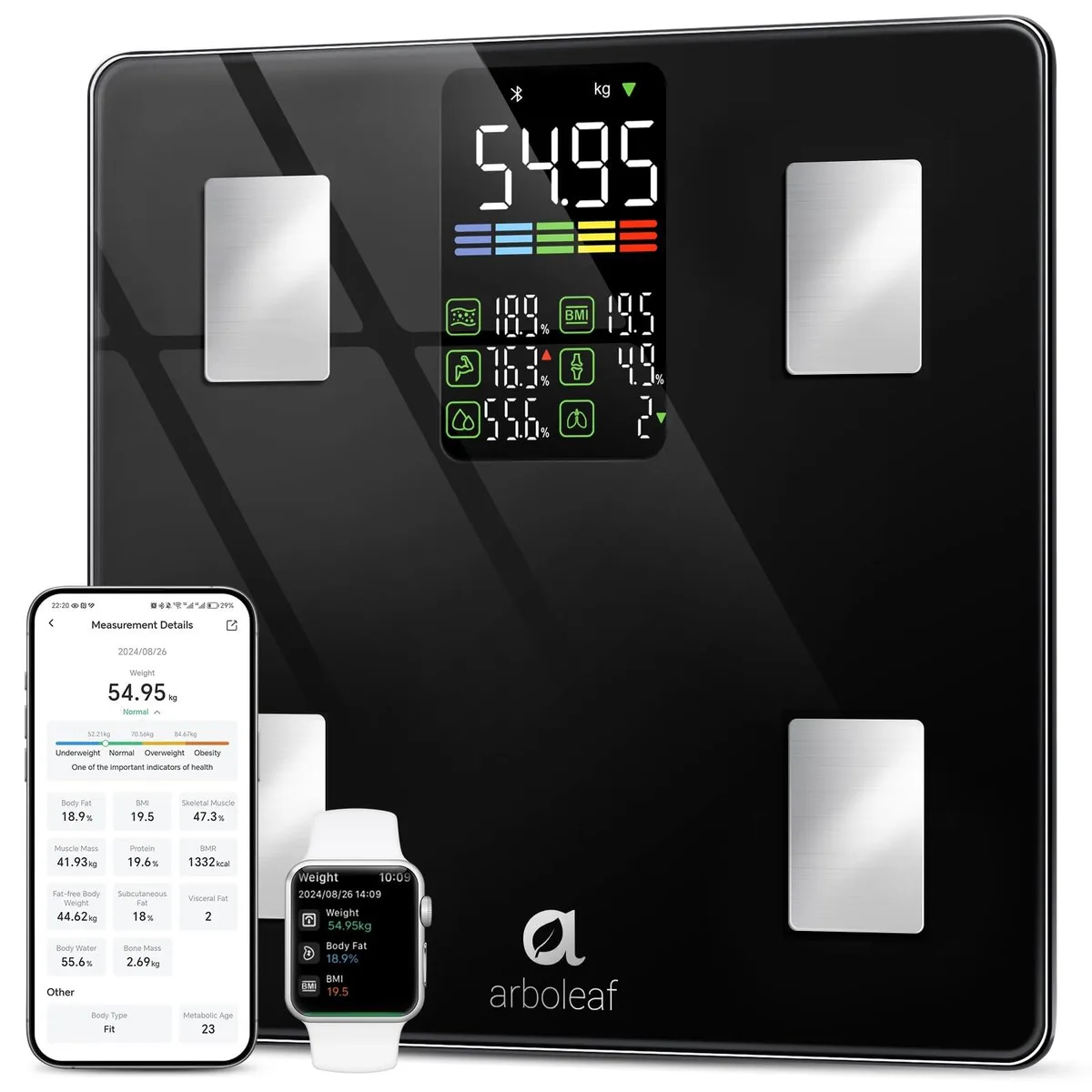 Square black smart scale with large LED display and 11.81 inch platform