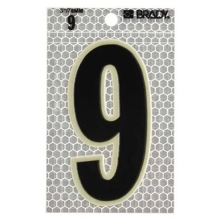 Pack of ten silver vinyl number 9 labels with black characters and glow in the dark border