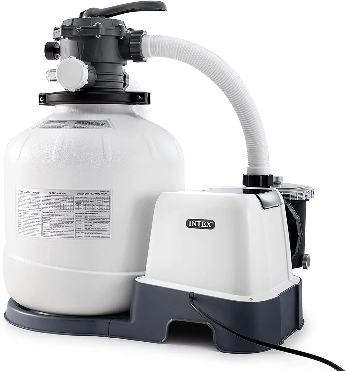 Intex QX2600 sand filter pump with saltwater system, 16in tan tank, control panel on top, hoses attached