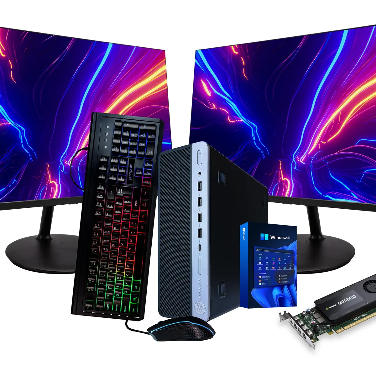 HP HP ProDesk 600G4 desktop PC i5-8500 32GB DDR4 1TB SSD 4TB HDD Quadro K1200 dual 22in monitors Windows 11 Pro — product photo