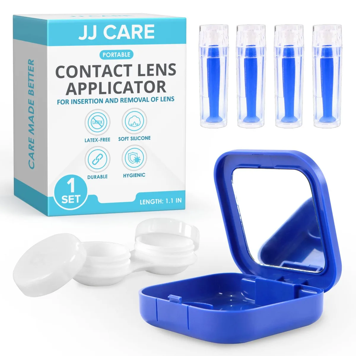 Blue contact lens applicator bundle with remover tool, mirror case, and storage case