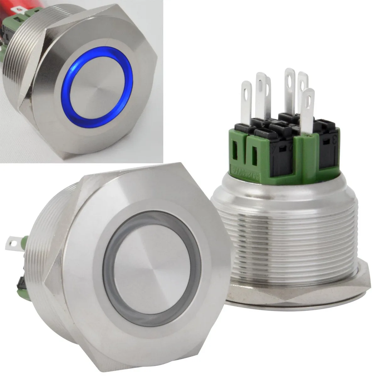 JacobsParts Inc. JacobsParts Inc. LTCH-K7-BLU 28mm Momentary Push Button Switch Blue LED 250V 5A IP67 — product photo