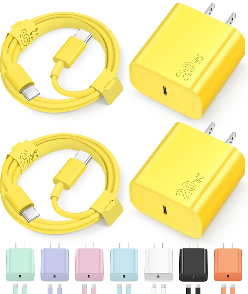 Compact yellow USB-C wall charger with six-foot cable