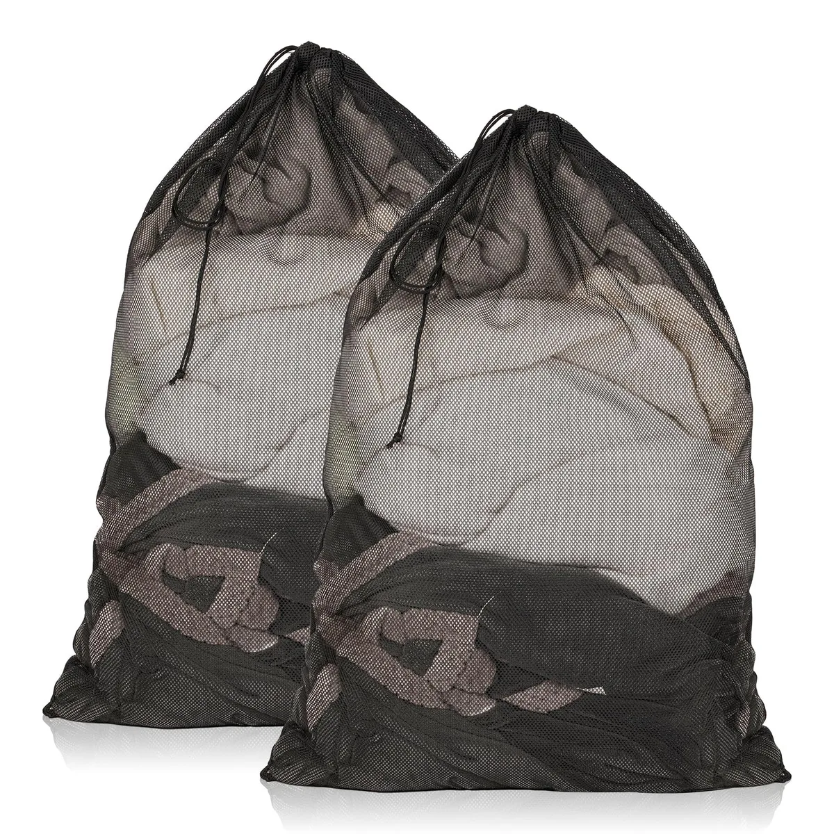 Two large white mesh laundry bags with drawstring locks lying flat