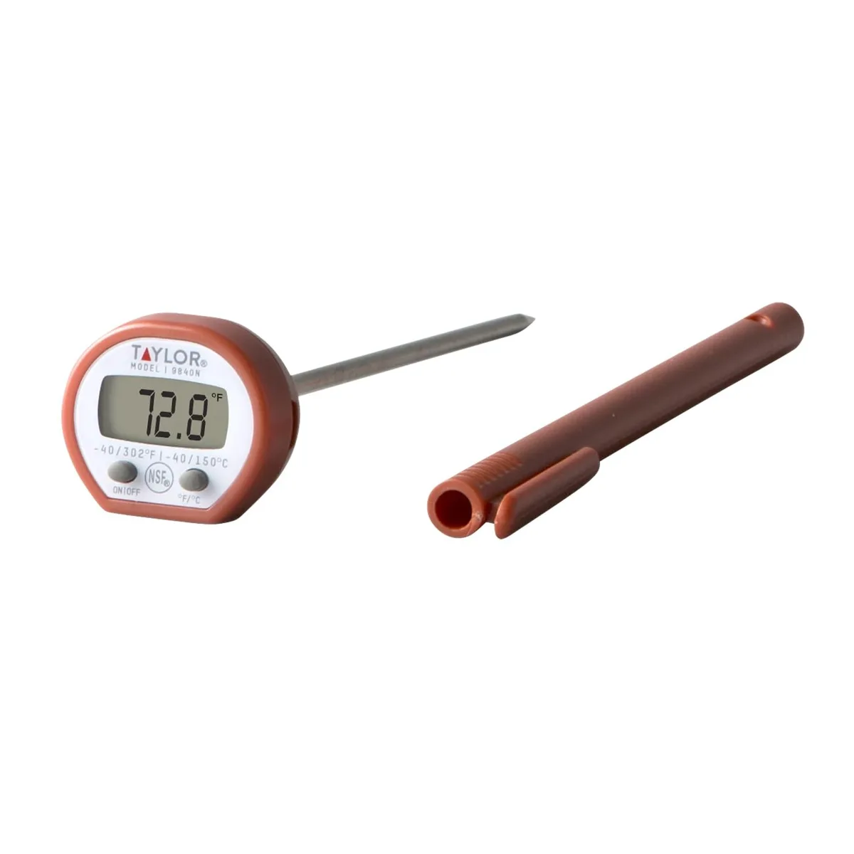 Red digital pocket thermometer with stainless steel probe and protective sleeve