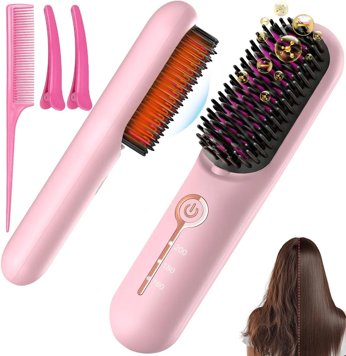 Cordless hair straightener brush with ceramic bristles and ionic technology