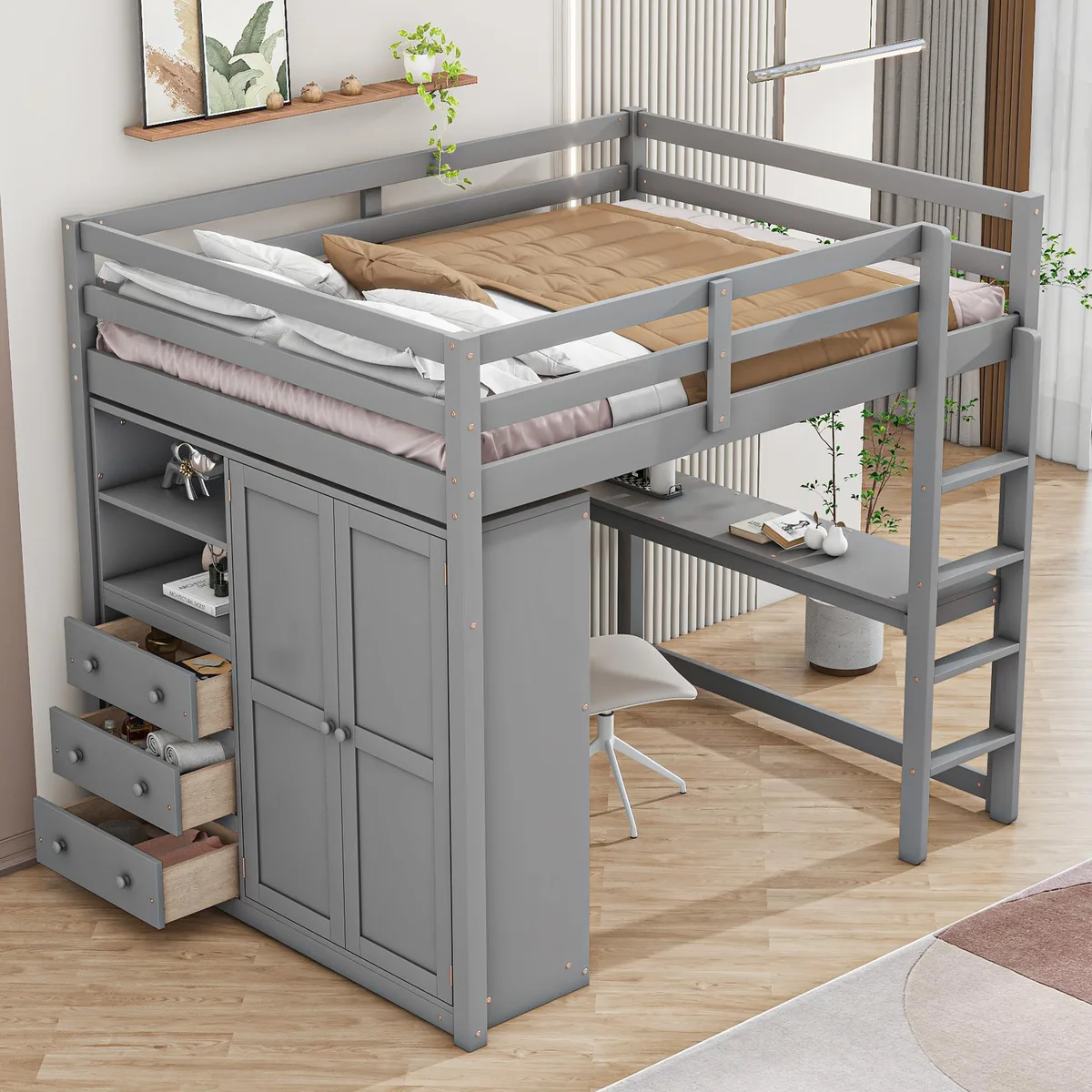 tuphen tuphen Full Size Loft Bed Wardrobe Desk Drawers Gray — product photo