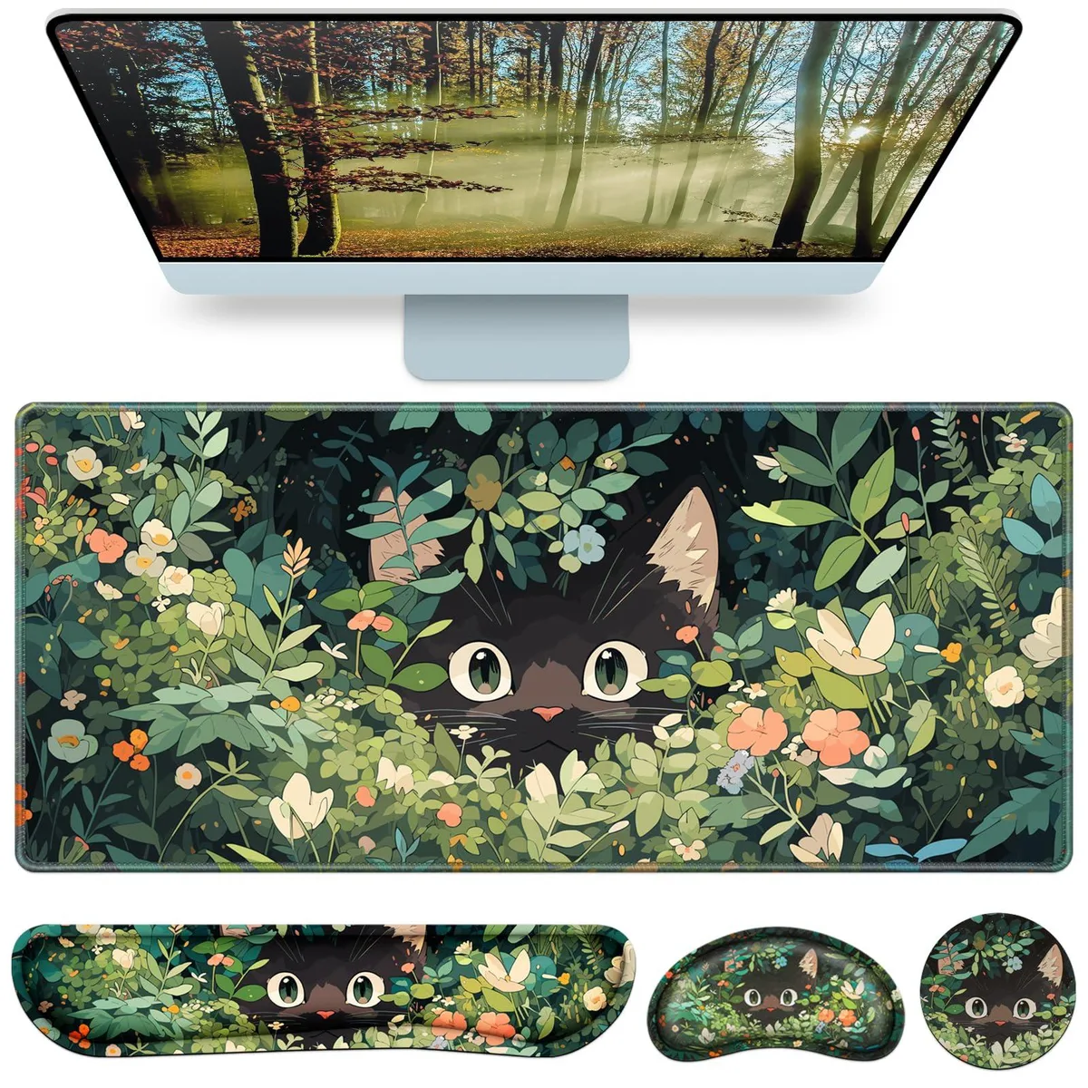QOMOLAMA Curious Cat 4-in-1 XXL Desk Mat 35.4×15.7in — product photo