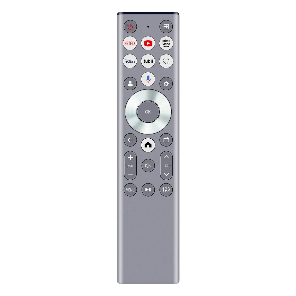 Black rectangular voice remote with backlit keys and microphone button