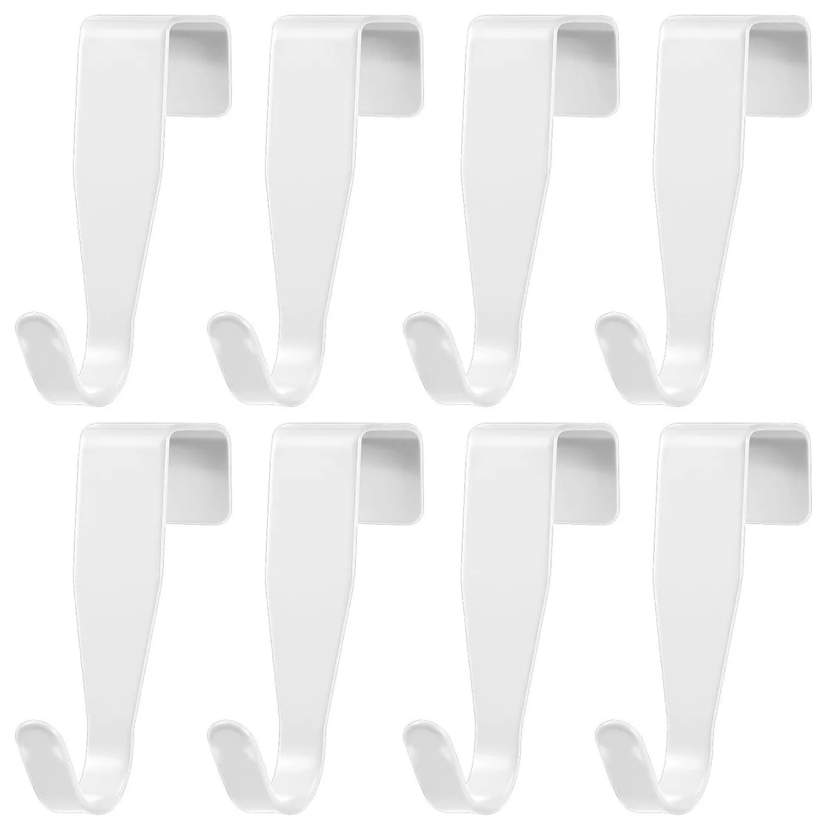 Eight white carbon steel J-shape hooks on a plain background