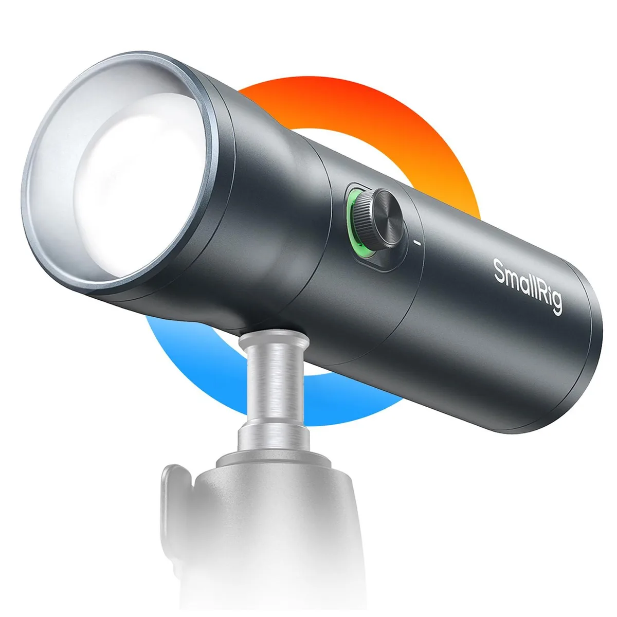 Gray cylindrical RGB LED flashlight with textured aluminum body and zoom lens
