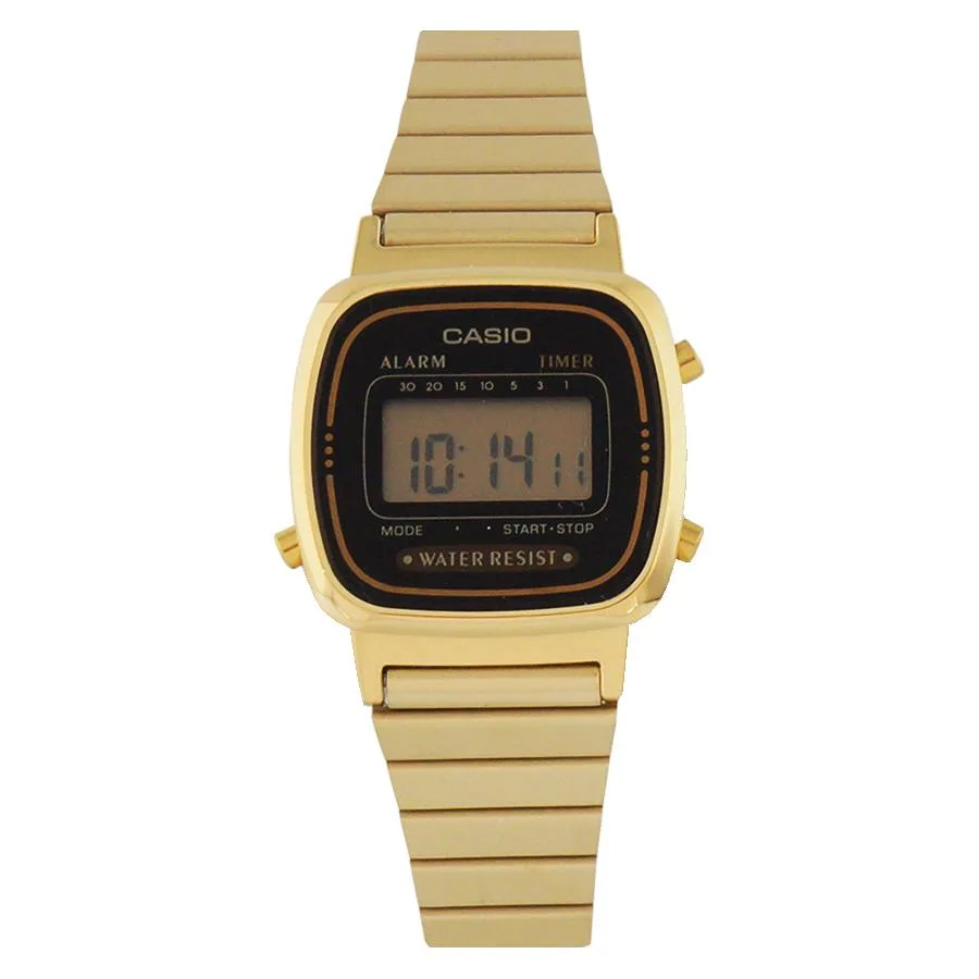 Gold-tone square digital watch with black display and stainless steel band