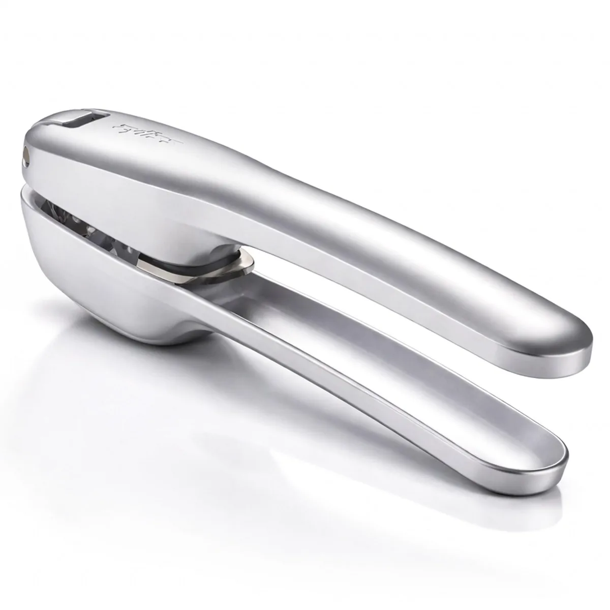 Silver cast aluminium garlic press with swing-out grid and long handles