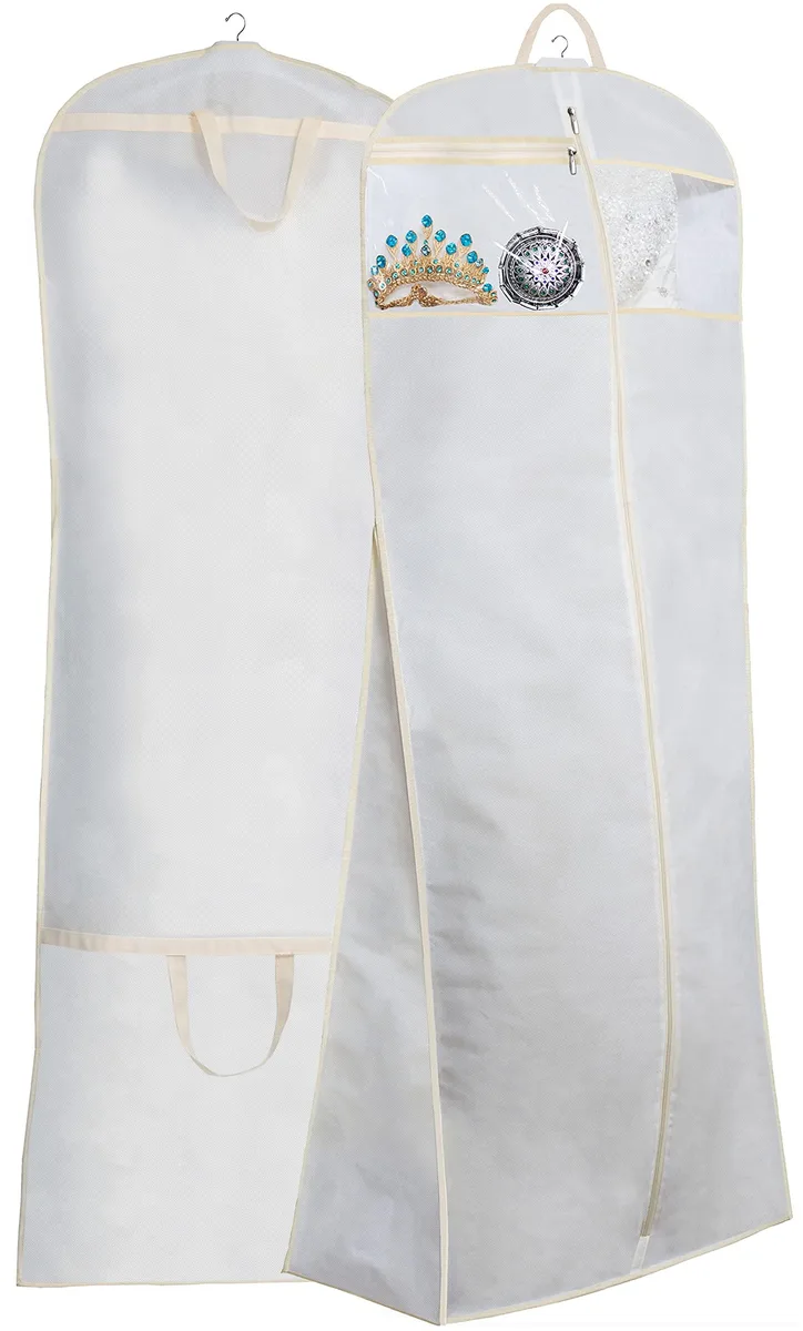 Beige garment bag with zipper pocket and handles, 70 inches long