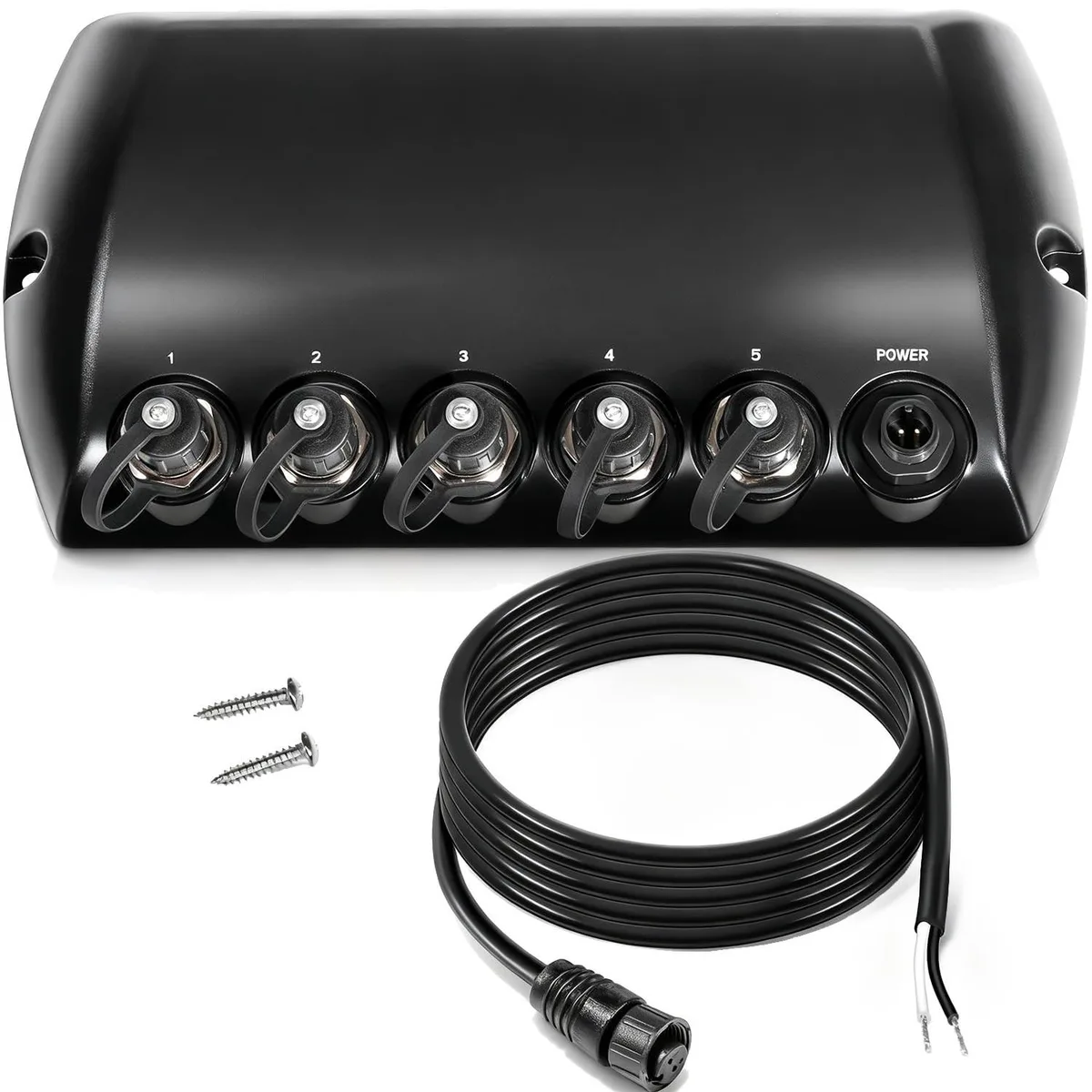 Black waterproof 5-port Ethernet switch with multiple cable ports