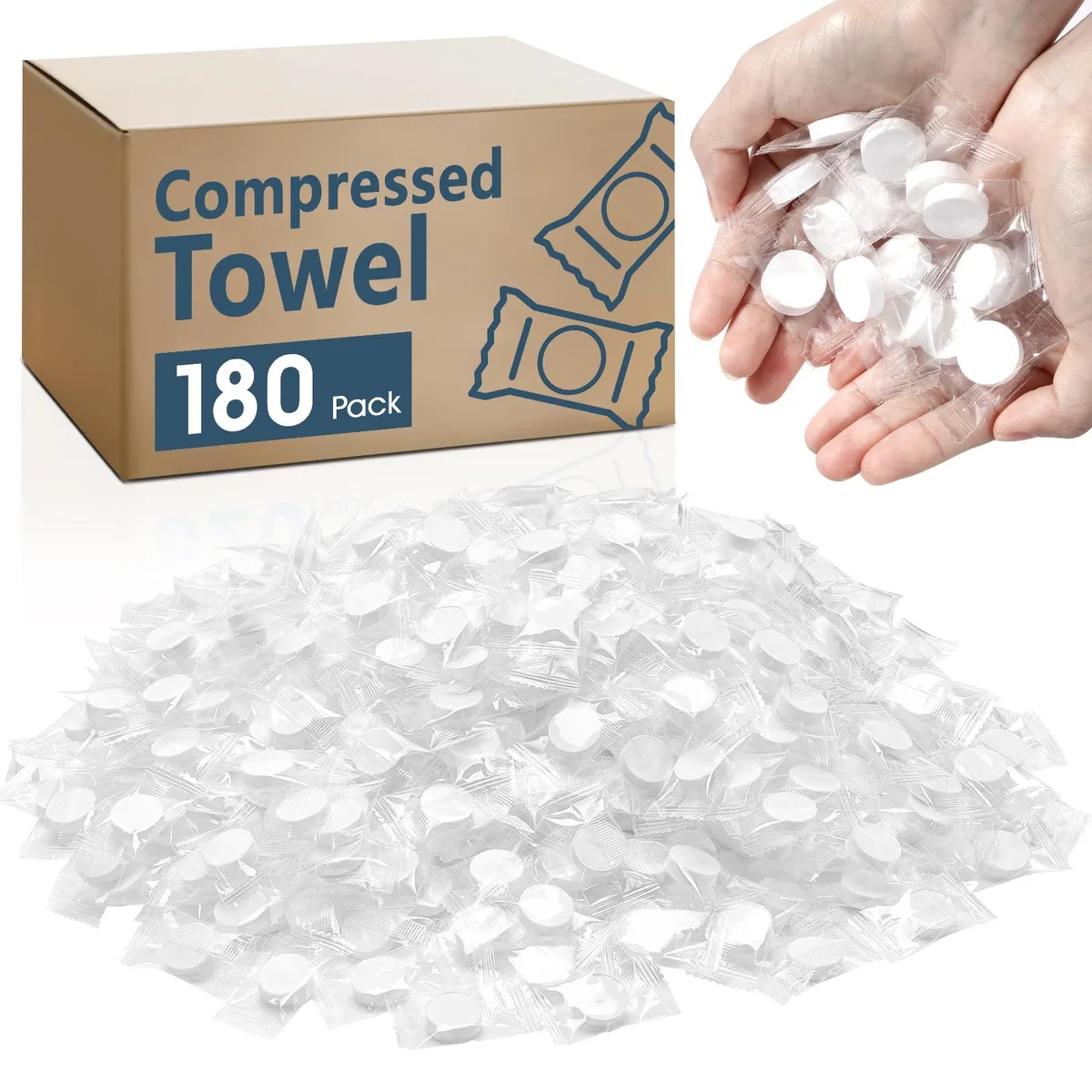 White cylindrical container holding 180 individually wrapped compressed towel tablets