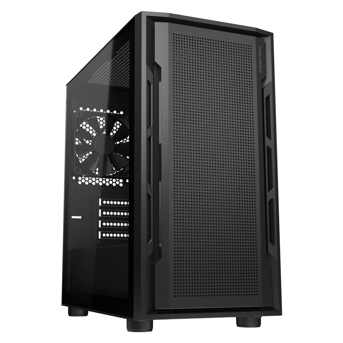 Compact black mini tower with perforated front panel and tempered glass side panel