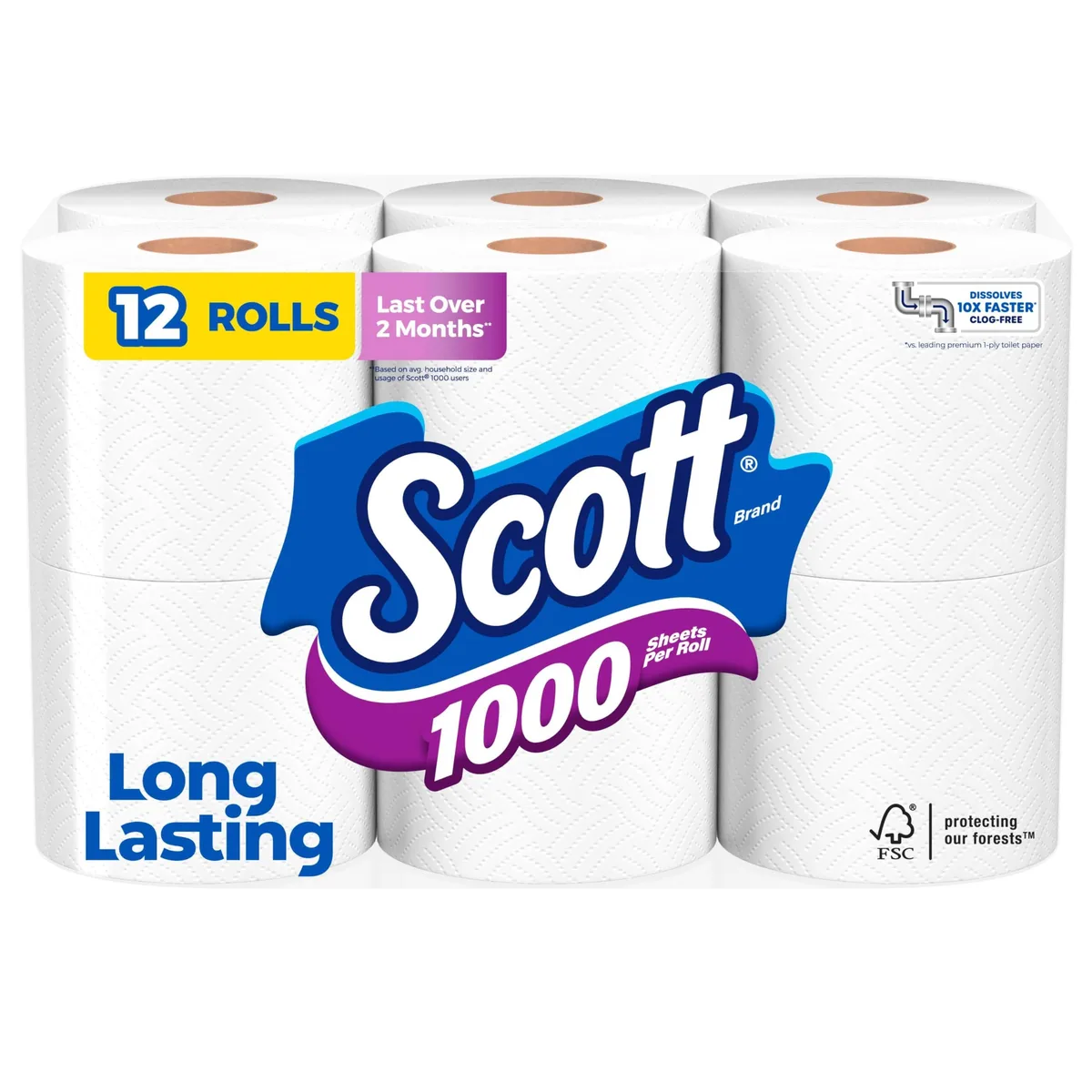 Twelve white toilet paper rolls in a rectangular cardboard box