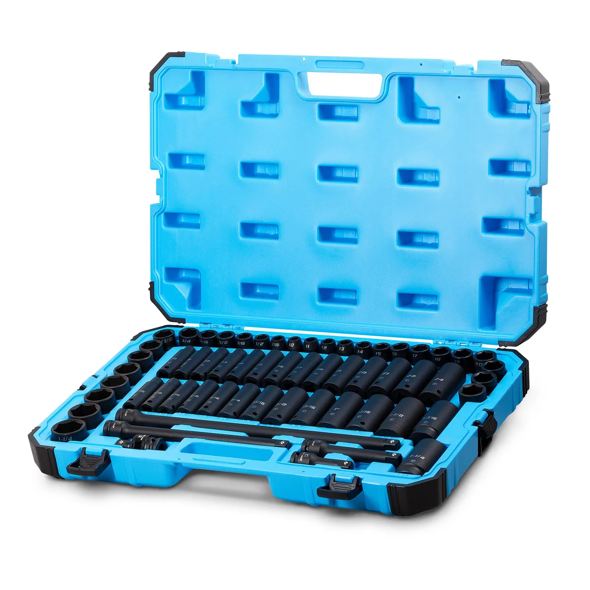 61-piece 1/2-inch drive impact socket set in transparent impact-resistant case