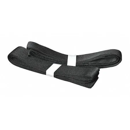 Two black nylon straps with silver metal buckles, each six feet long and two inches wide