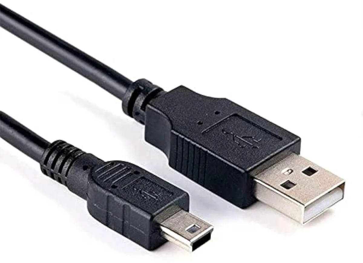 Black mini-USB camera cable with standard USB-A and mini-B connectors