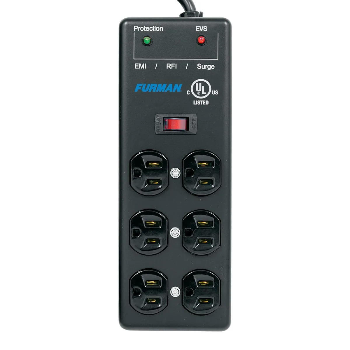 Metal surge strip with six outlets in two rows of three