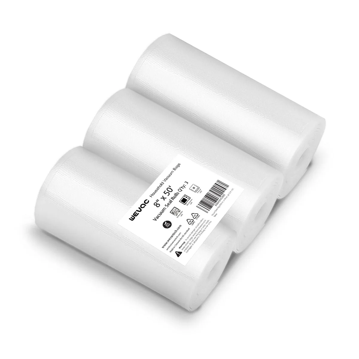 Three clear plastic vacuum sealer rolls in rectangular packaging