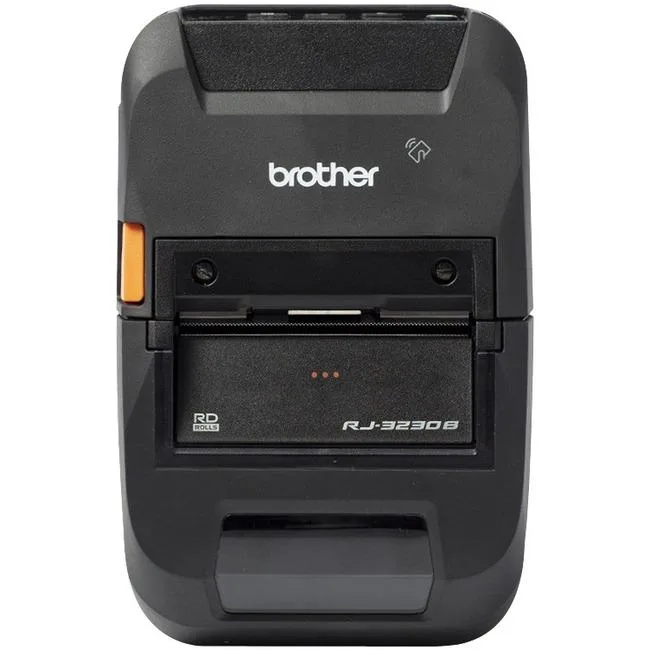 Compact rectangular thermal printer in dark grey plastic, portable with built-in cutter