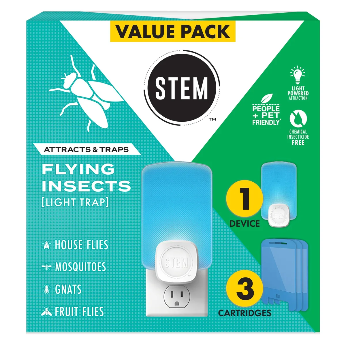 White plug-in insect trap with soft blue glow and three refill cartridges