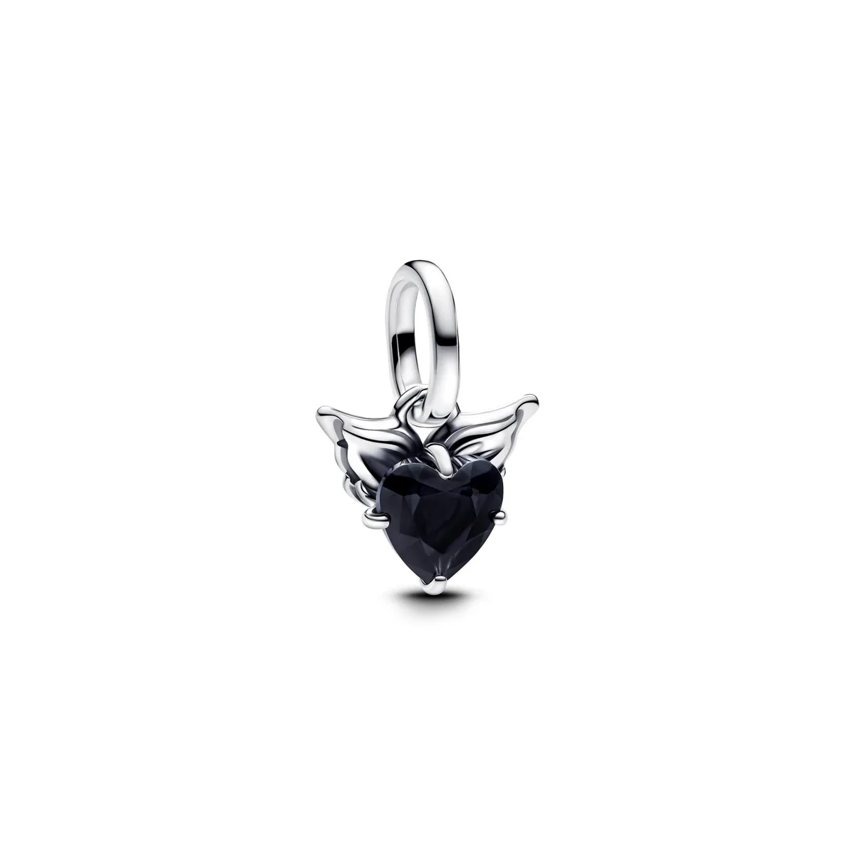 Sterling silver winged heart charm with black crystal centre and cut-out heart back