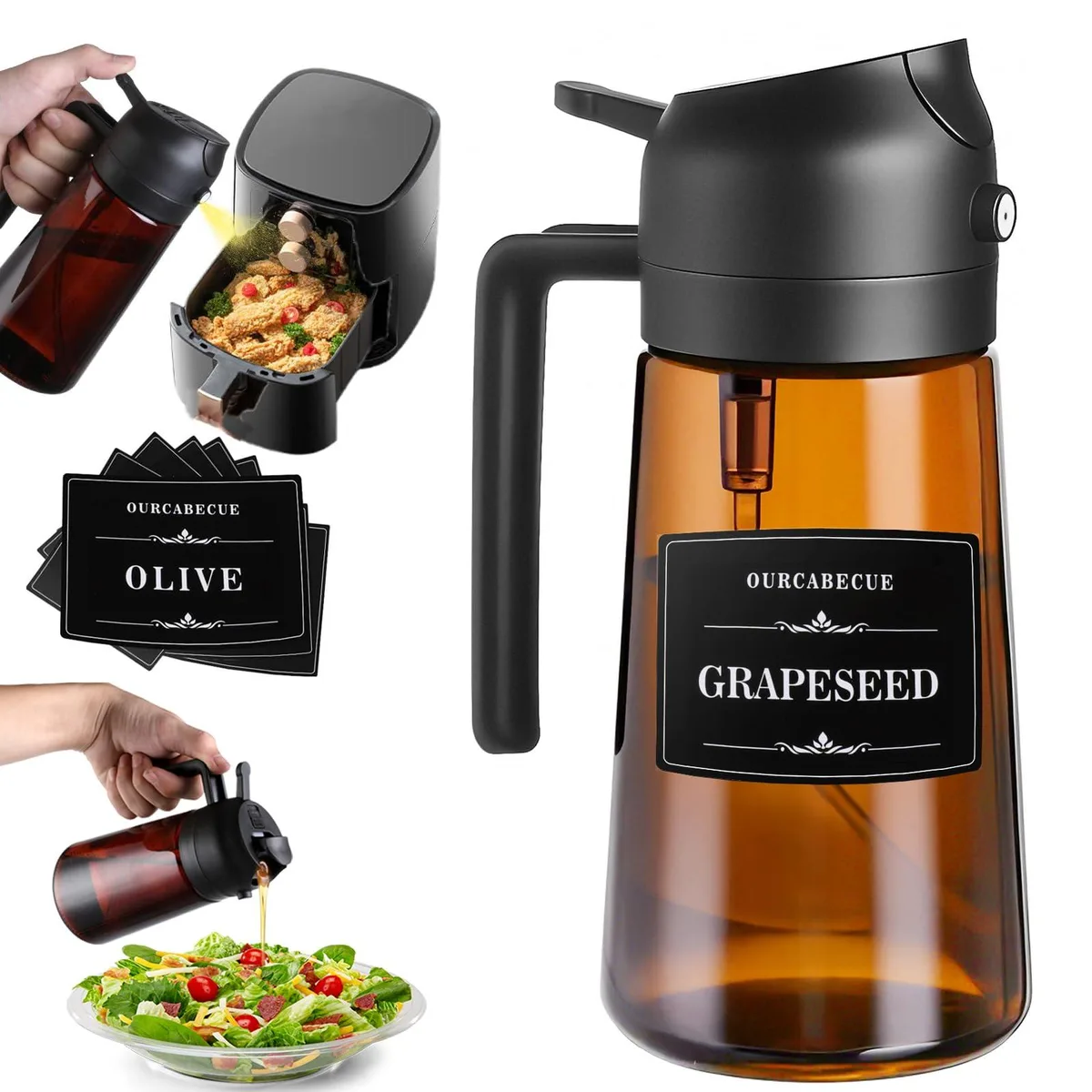  OURBABECUE 2-in-1 Olive Oil Sprayer 16oz 470ml Dark Glass Applicator — product photo
