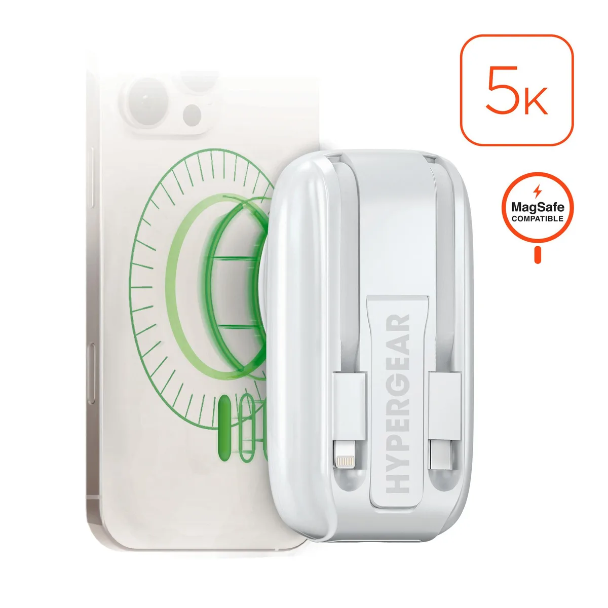 HyperGear HyperGear Mag Grip Go 5000mAh wireless power bank with built-in cables, 22.5W output, White — product photo